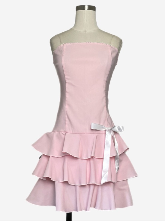 Vintage Dresses & Skirts - Vintage Y2K Luly K Pink strapless tiered ruffle mini dress lace bow coquette M